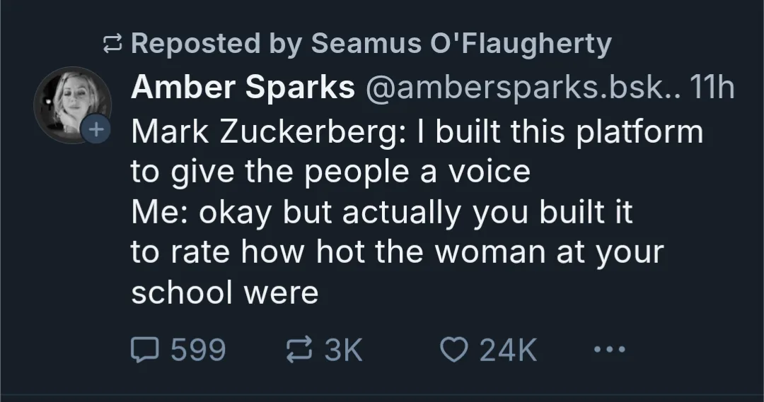 A screenshot of a tweet by Amber Sparks showing a humorous exchange where Mark Zuckerberg claims to have built a platform to…