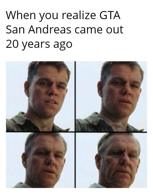 The image displays a four-panel grid of actor Matt Damon's face, showing a progression of increasingly aged and dismayed…