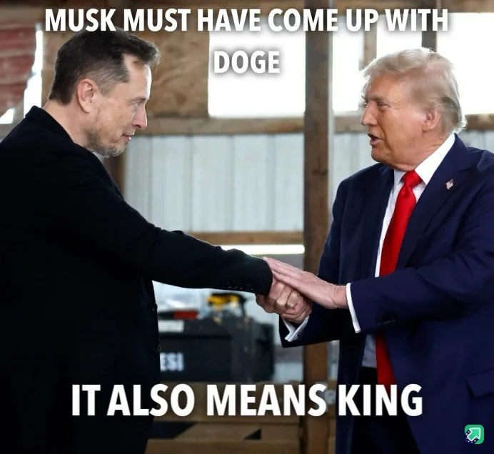 Two men, Elon Musk and Donald Trump, are shaking hands in a warehouse-like setting. White text overlaid at the top reads…