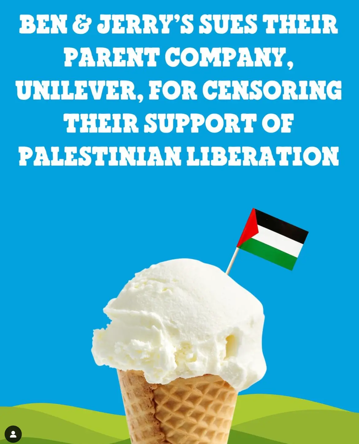A scoop of vanilla ice cream in a waffle cone is shown against a blue sky with green hills, with a small Palestinian flag on…
