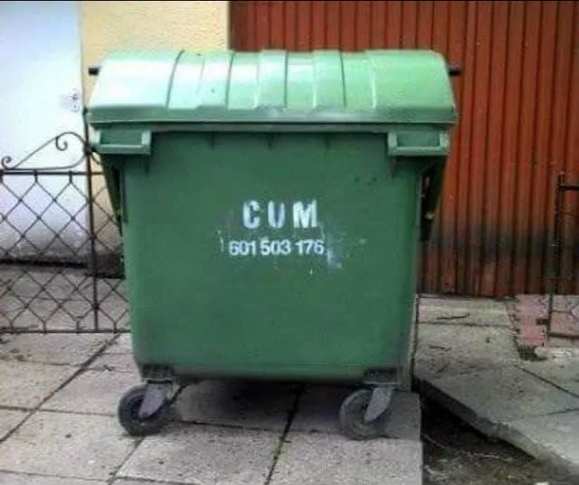 A green wheeled trash bin sits on a paved surface with a red corrugated wall behind it. White spray-painted text on the bin…