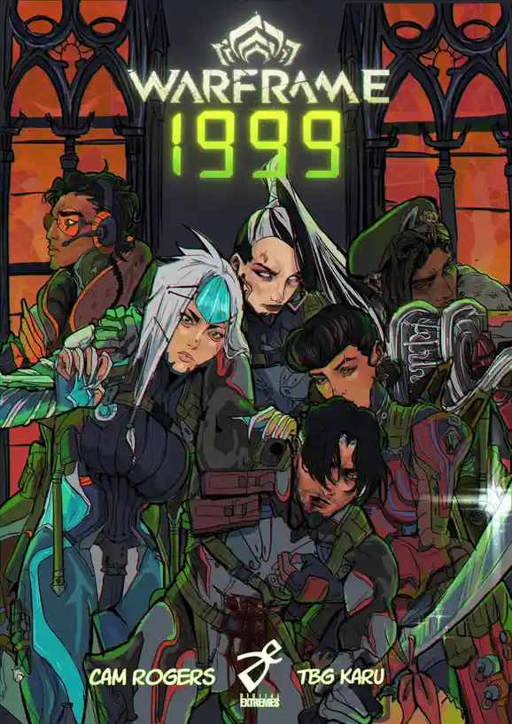 A stylized digital illustration features seven characters from the game Warframe standing in front of a gothic-style window…