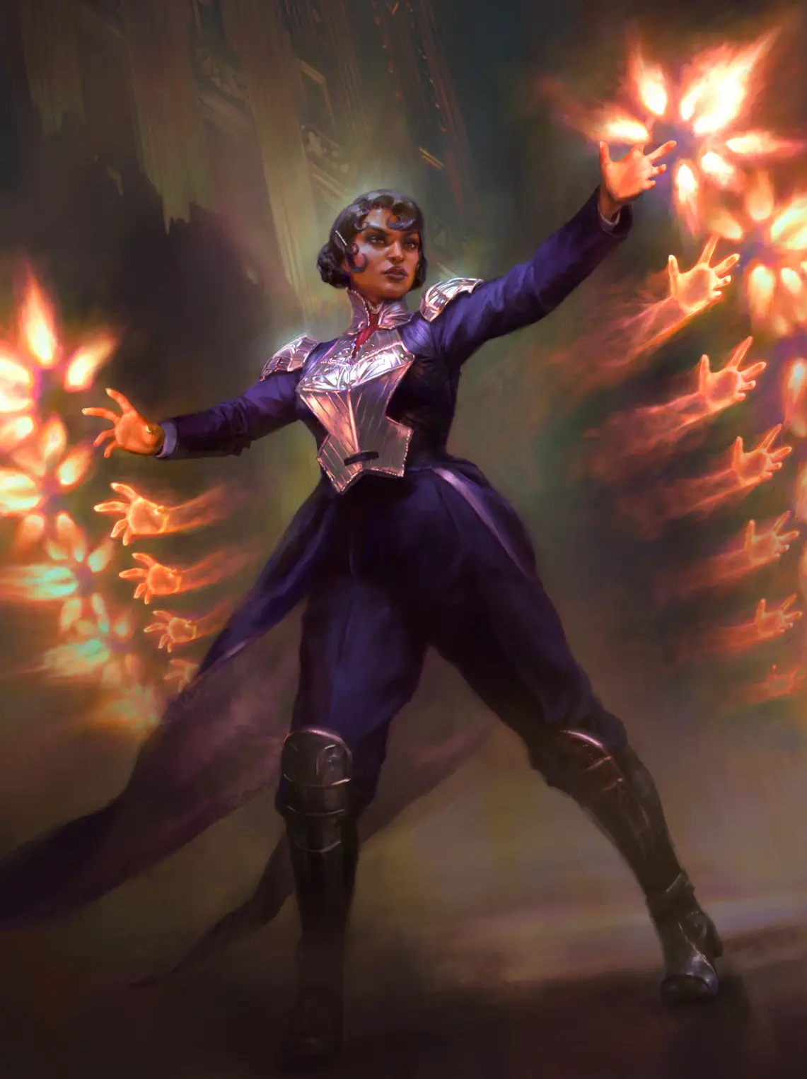 A fantasy illustration shows a woman in a dark purple outfit with silver armor, standing with arms outstretched as fiery…