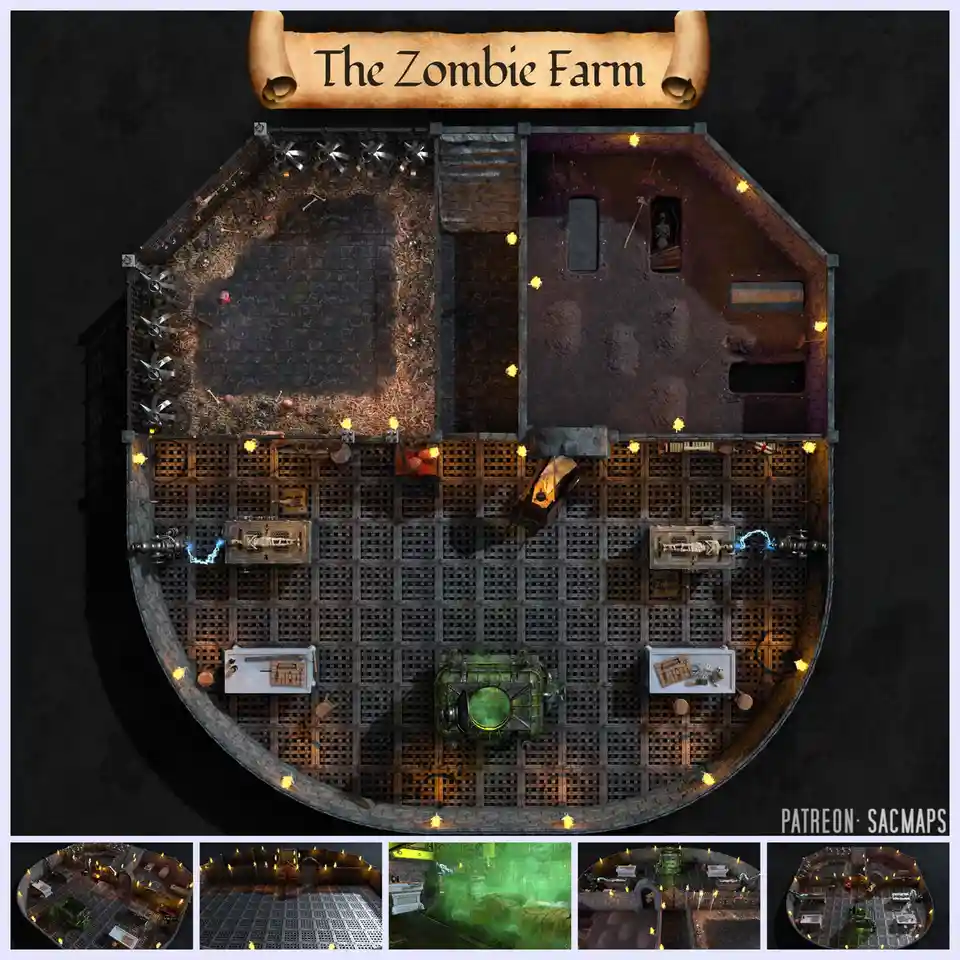 An overhead view of a dungeon map titled 'The Zombie Farm' on a scroll, showing a circular room with metal grates, two…