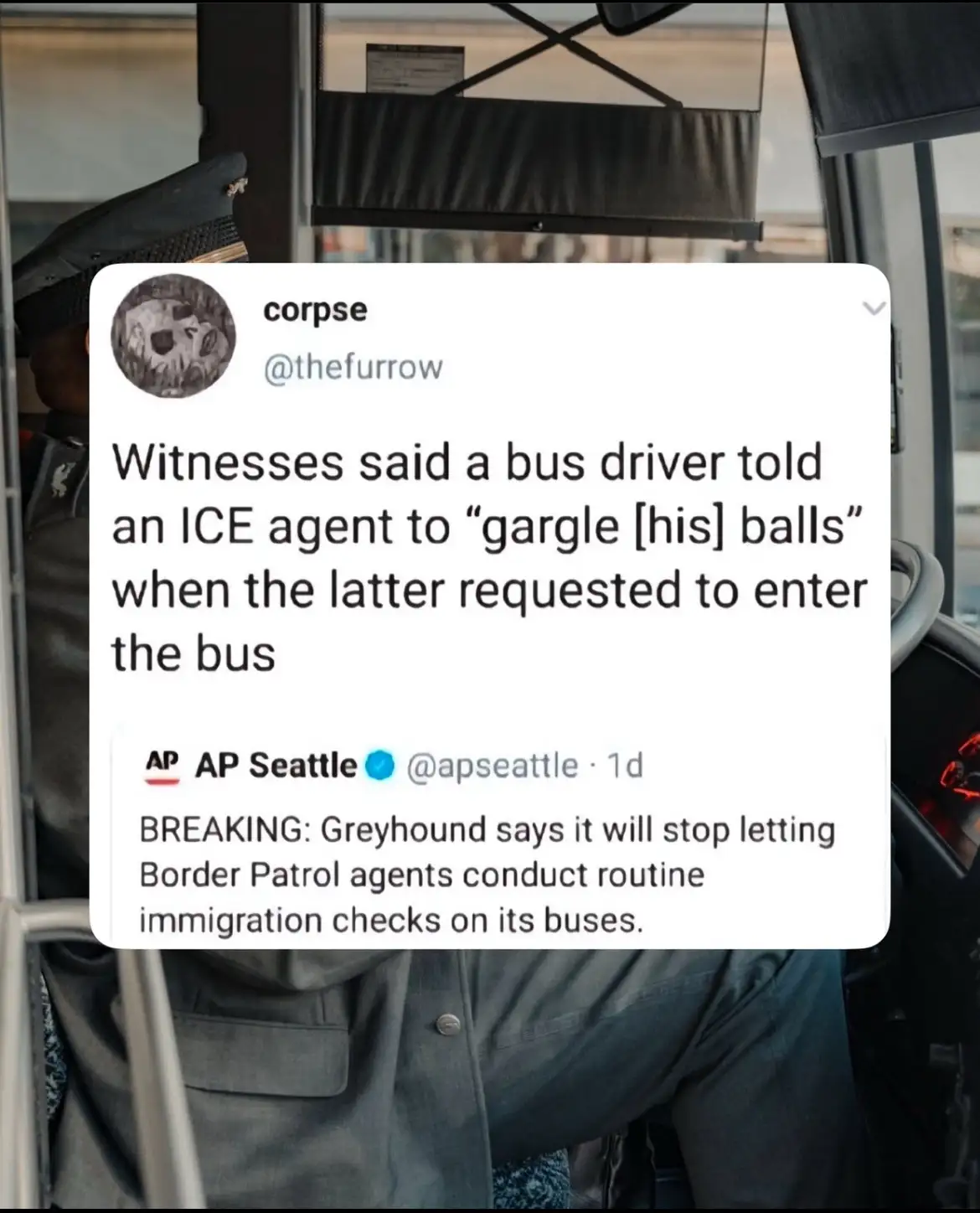 A screenshot of a tweet overlaying a photo of a bus driver's uniform and the bus interior. The tweet from user 'corpse'…
