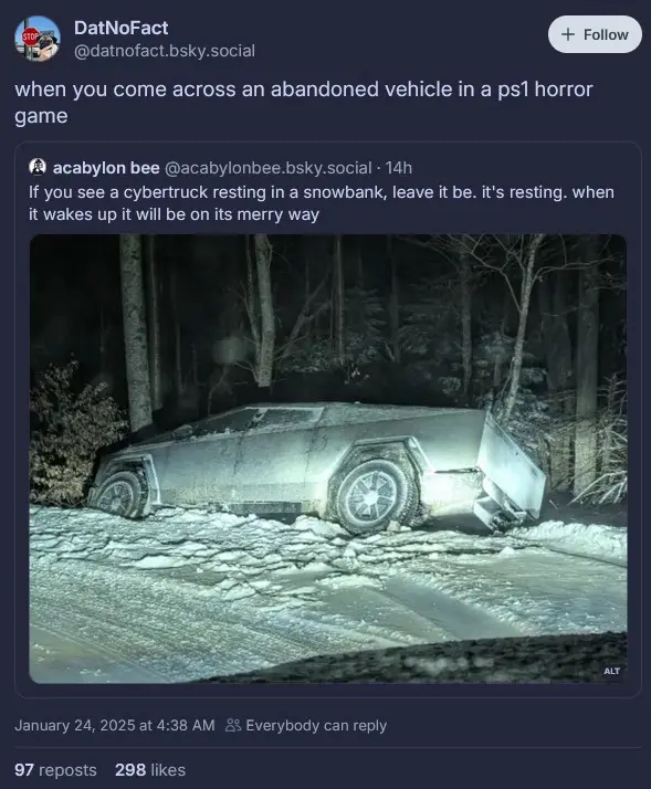 A silver Tesla Cybertruck is partially buried in a snowbank on a dark, wooded road at night. The vehicle appears abandoned…