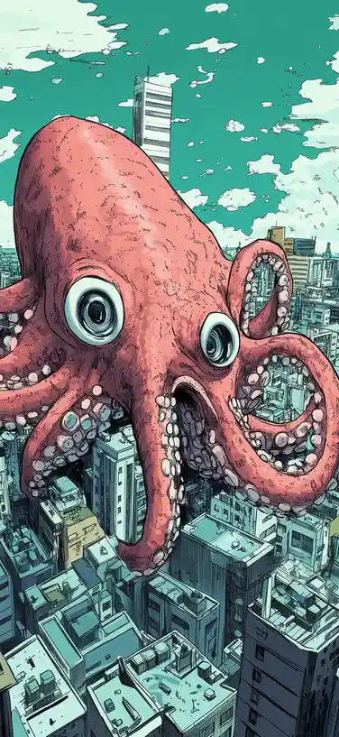 A giant pink octopus with large, round eyes looms over a cityscape, its tentacles wrapping around buildings. The sky is teal…