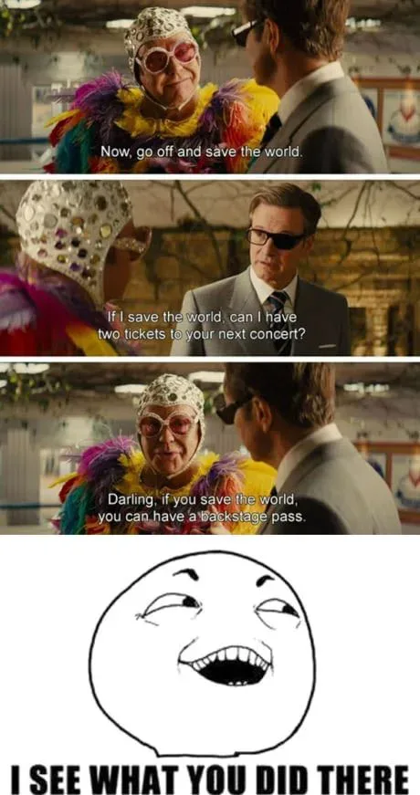 A three-panel meme from the movie 'The World's End' shows a flamboyant man in a feather boa and glittery hat telling a man…