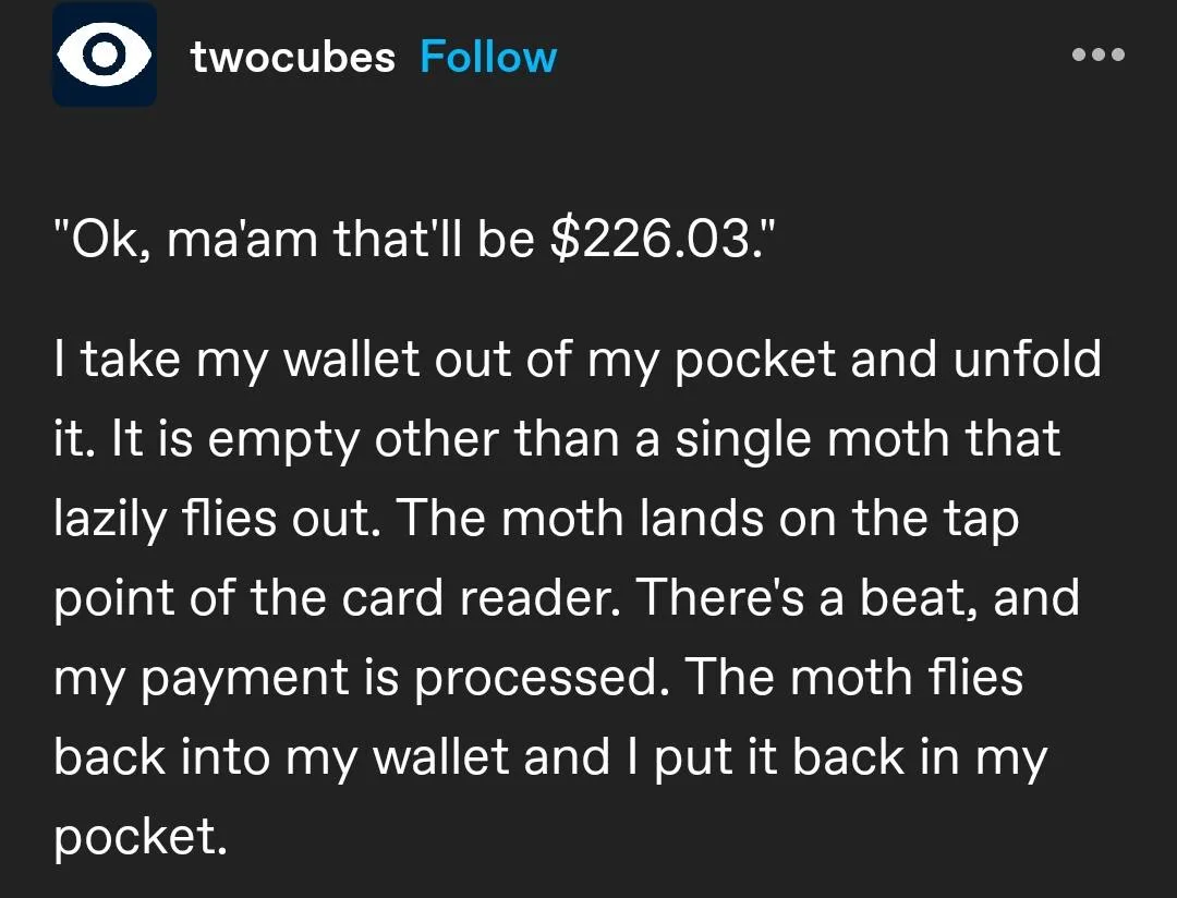 A screenshot of a social media post by 'twocubes' with white text on a dark background. The text is a short story about…