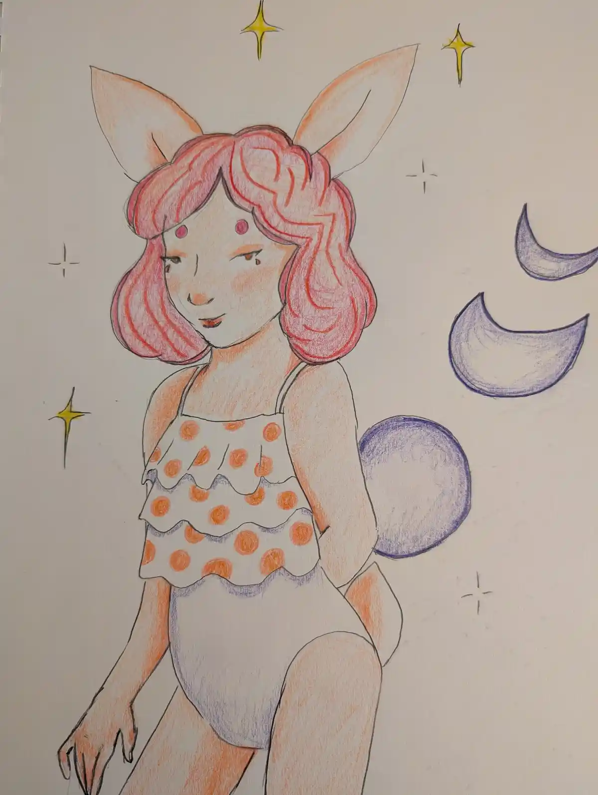A colored pencil drawing of a girl with pink hair, bunny ears, and a fluffy tail, wearing a polka-dot top, surrounded by…