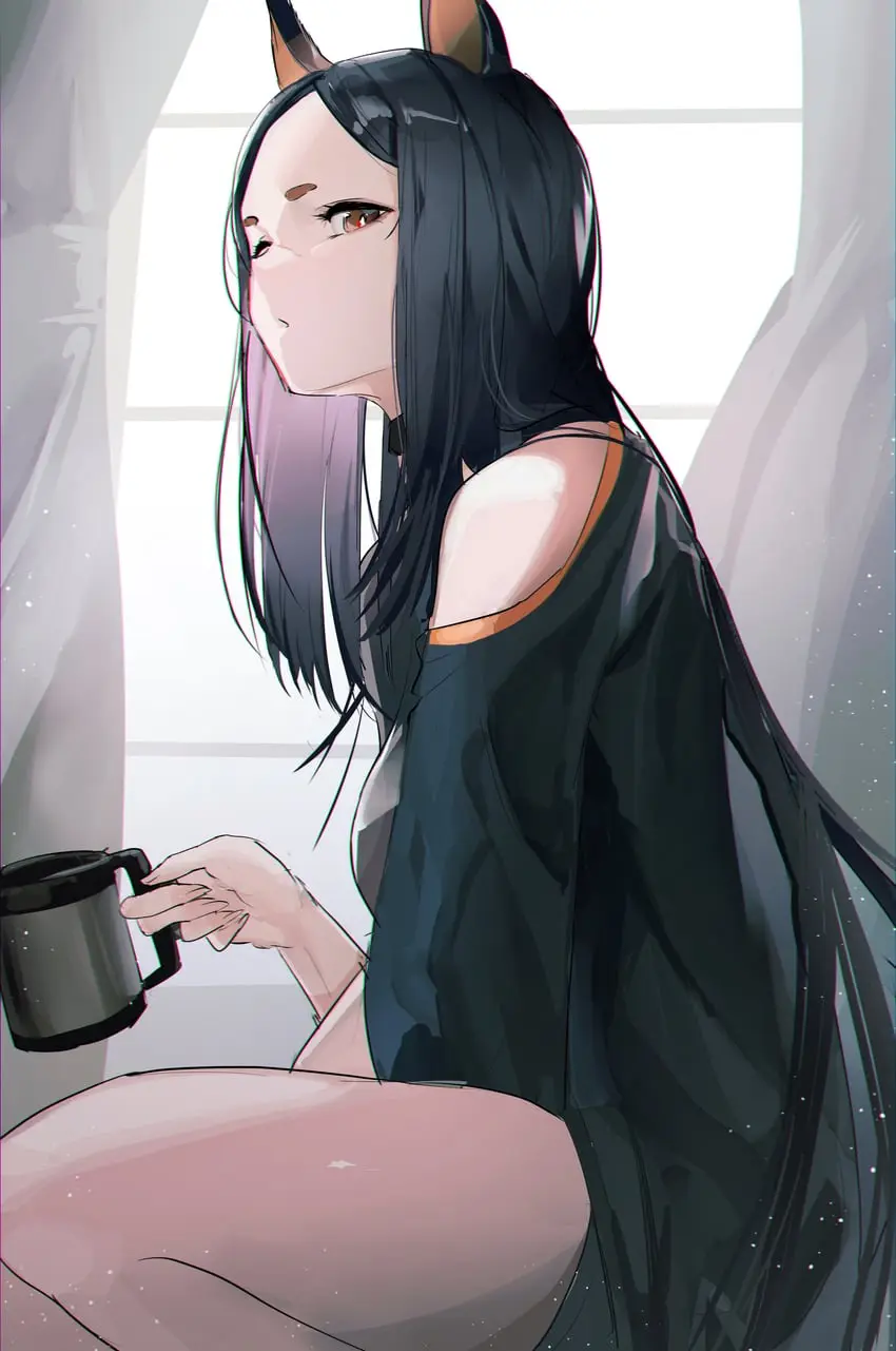 An anime-style illustration of a young woman with long black hair and cat ears, sitting by a window holding a black mug. She…