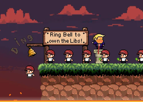 A pixel art game scene shows a character approaching a bell with a sign reading 'Ring Bell to own the Libs!' while a figure…