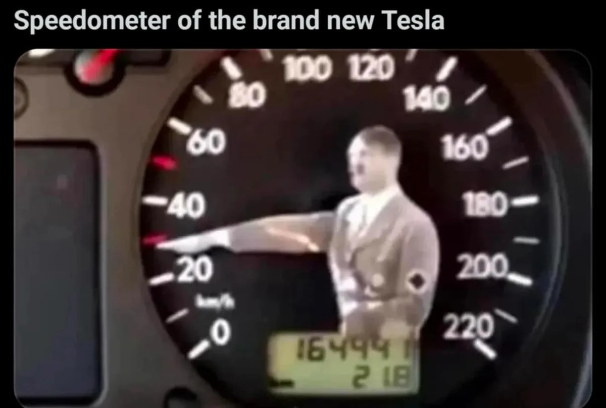 A car's speedometer display shows a grayscale image of a man in a suit pointing at the 20 km/h mark, with a digital odometer…