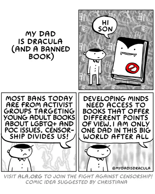 A four-panel comic strip titled 'MY DAD IS DRACULA (AND A BANNED BOOK)' shows a cartoon boy interacting with a book…