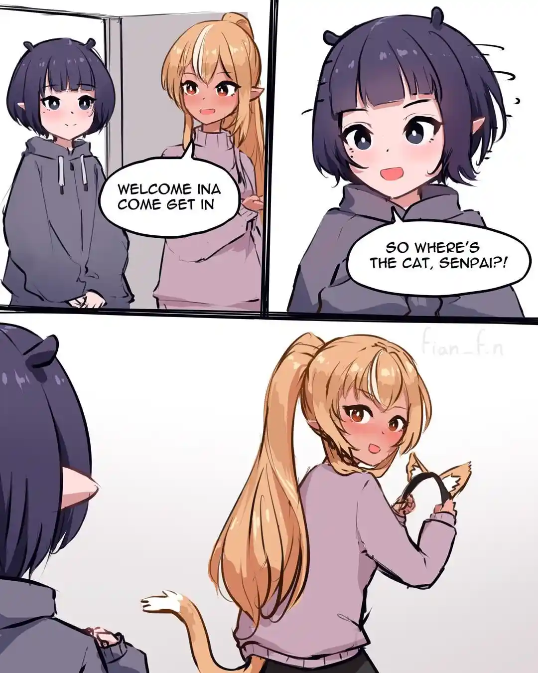 A four-panel anime comic shows a dark-haired girl with cat ears being invited in by a blonde girl with cat ears. The…