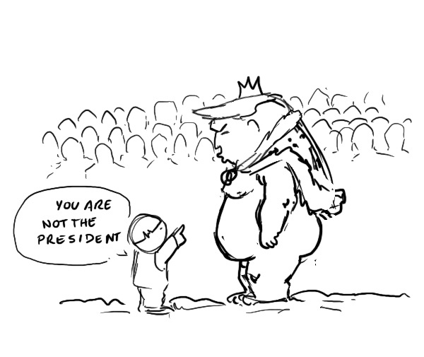 A black-and-white cartoon shows a small child pointing at a large, crowned, overweight figure resembling a politician, with…