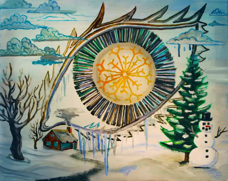 A painted winter scene features a large, stylized eye with a snowflake pattern in its iris, framed by antlers and icicles. A…