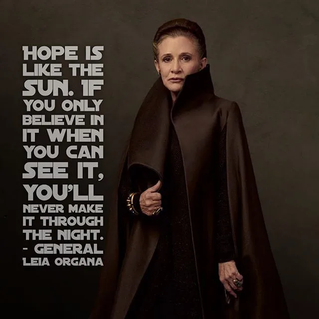 A portrait of General Leia Organa from Star Wars, wearing a dark brown cloak and looking serious, with white text overlaid…