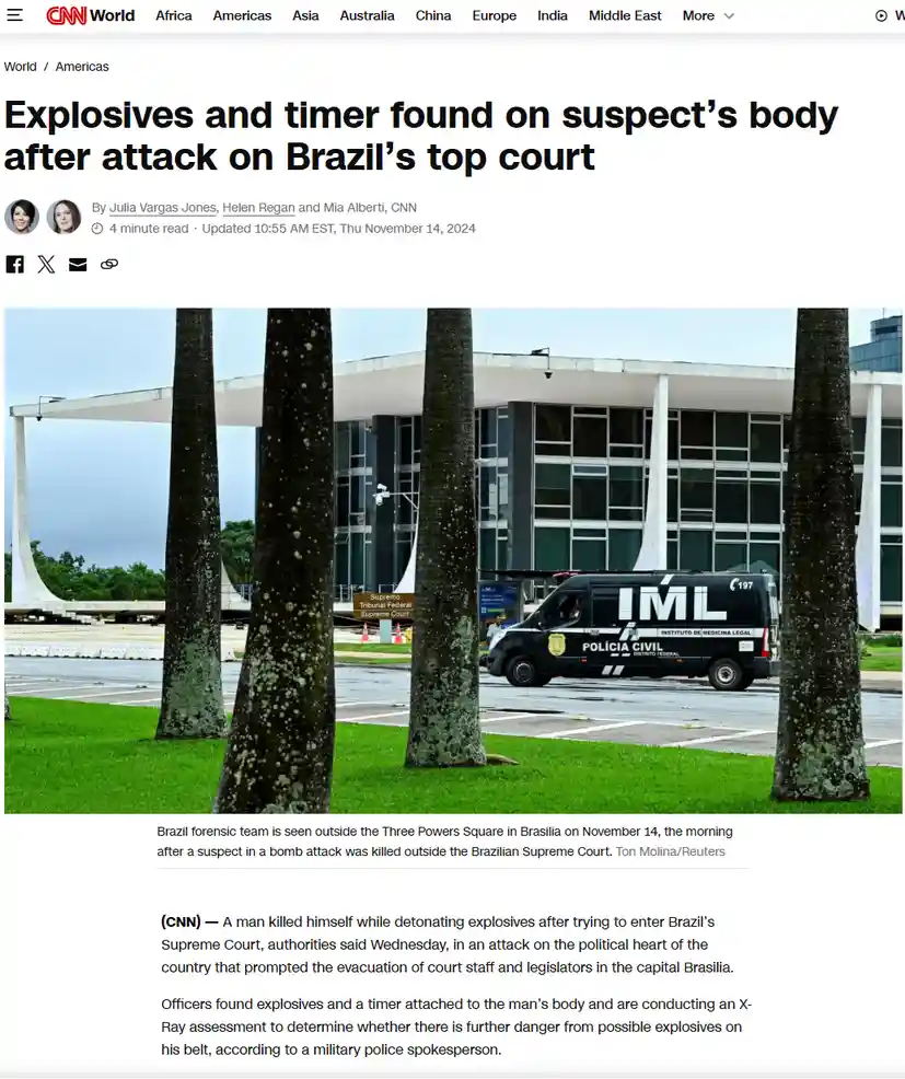 A screenshot of a CNN World news article about a bomb attack on Brazil's Supreme Court, showing a black IML (Instituto de…