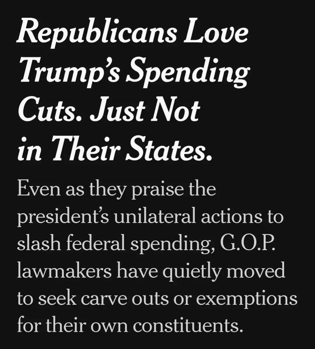 The image displays white text on a solid black background. The main headline reads 'Republicans Love Trump's Spending Cuts…