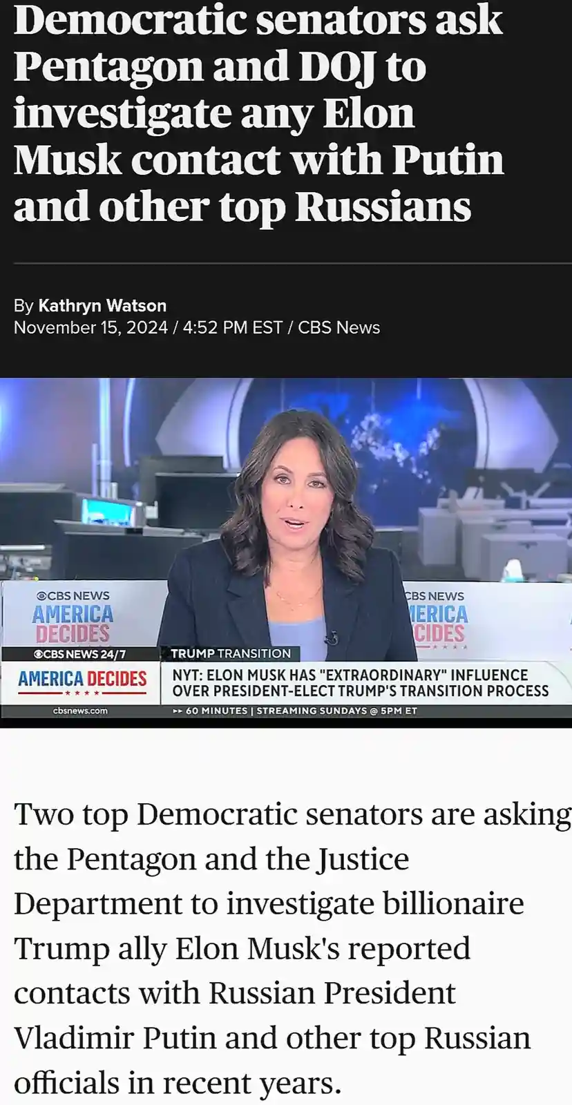 A screenshot of a CBS News article with a headline reading 'Democratic senators ask Pentagon and DOJ to investigate any Elon…