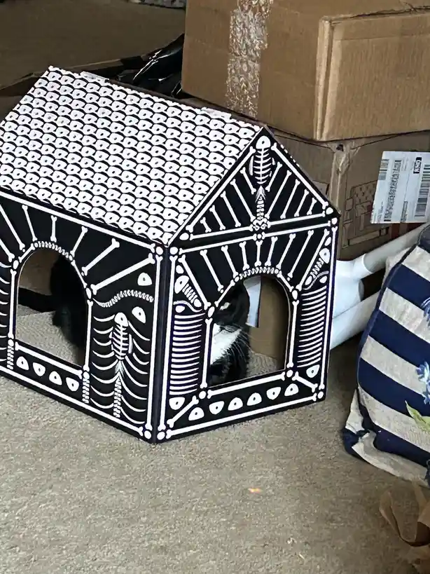 A black and white cat peeks out from a small house decorated with white skeleton bones and patterns on a black background…