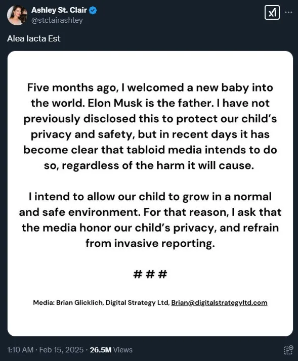 A screenshot of a tweet by Ashley St. Clair announcing her baby's father is Elon Musk, with the Latin phrase 'Alea iacta…