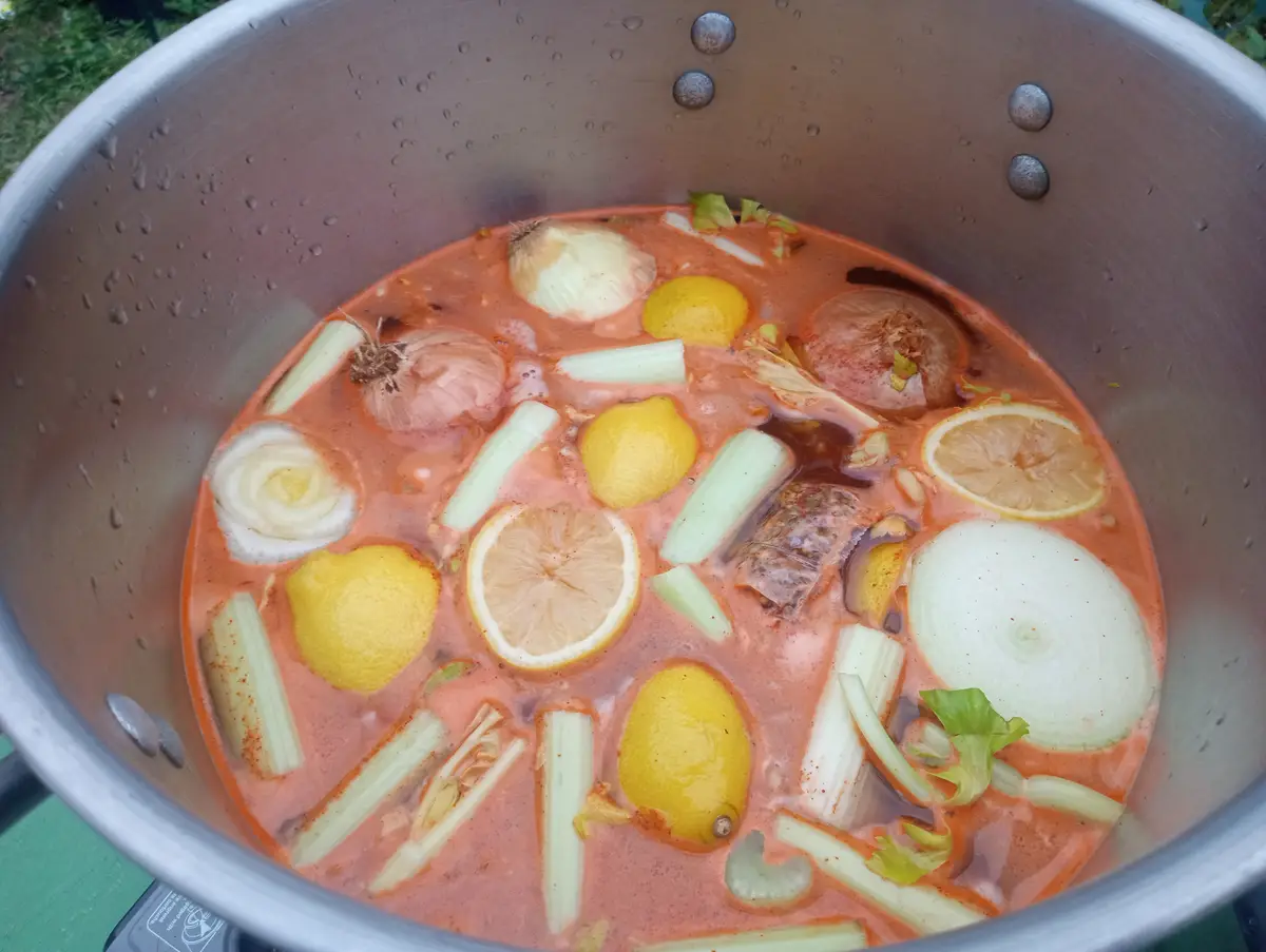 A stainless steel pot contains a reddish-orange liquid with floating whole onions, lemon halves, and celery stalks. The…