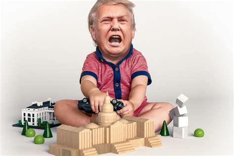 A digitally altered image shows a child with Donald Trump's face, sitting cross-legged and screaming while holding a toy…