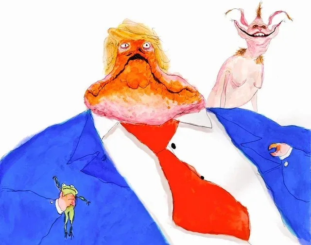 A cartoonish, grotesque figure resembling Donald Trump with a large orange beard and blonde hair, wearing a blue suit and…