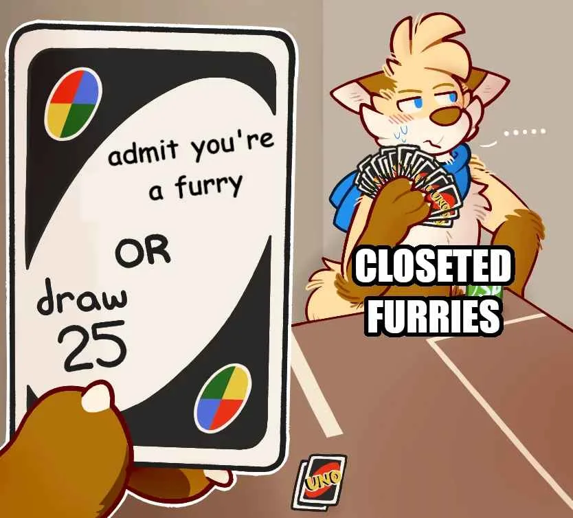 A cartoon fox character with a distressed expression holds a fan of Uno cards, looking at a large Uno card that reads 'admit…