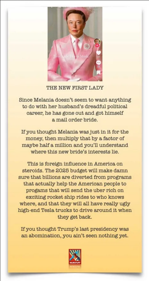 A meme image shows Elon Musk in a pink suit and matching hat, overlaid with the text 'First Lady Elena Musk' and a…