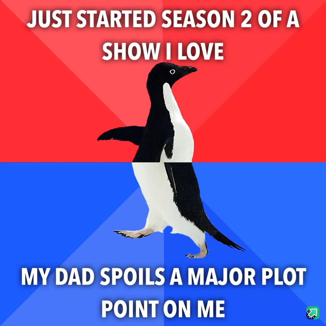 A penguin stands centered against a red and blue background, with white text at the top reading 'JUST STARTED SEASON 2 OF A…