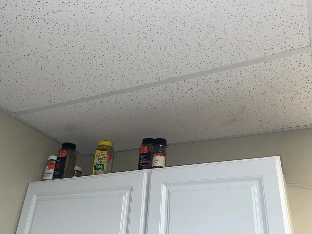 A low-angle shot shows several spice jars sitting on top of white kitchen cabinets, with a speckled drop ceiling visible…
