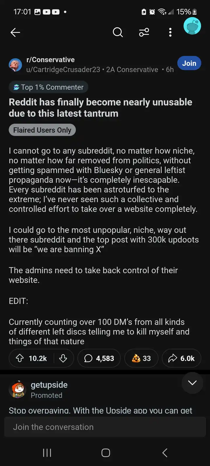 A screenshot of a Reddit post from r/Conservative by user u/CartridgeCrusader23, who claims Reddit is now nearly unusable…