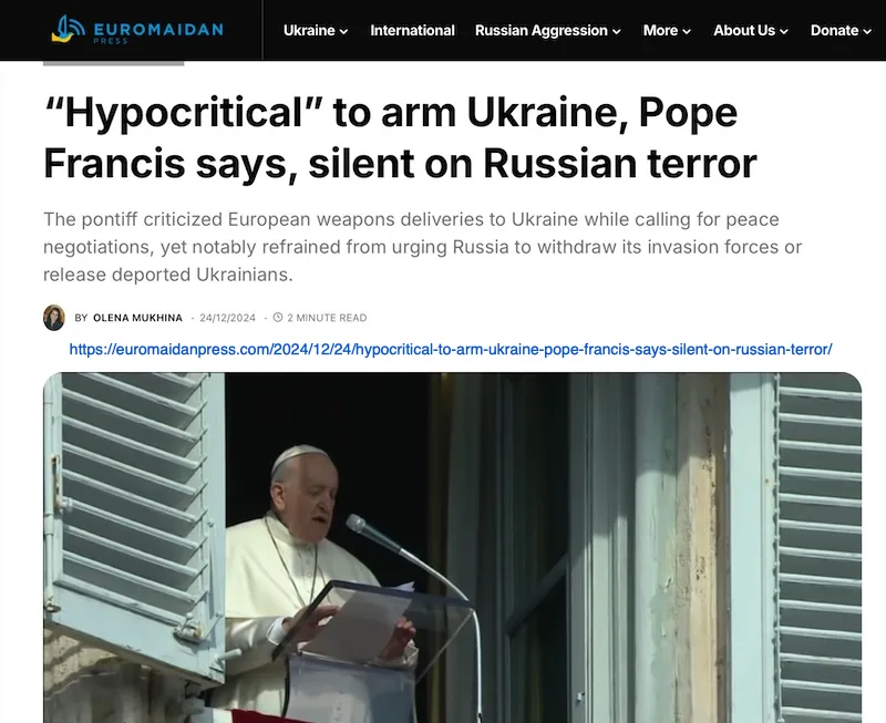A screenshot of a news article from Euromaidan Press shows Pope Francis speaking at a podium outdoors. The headline reads…