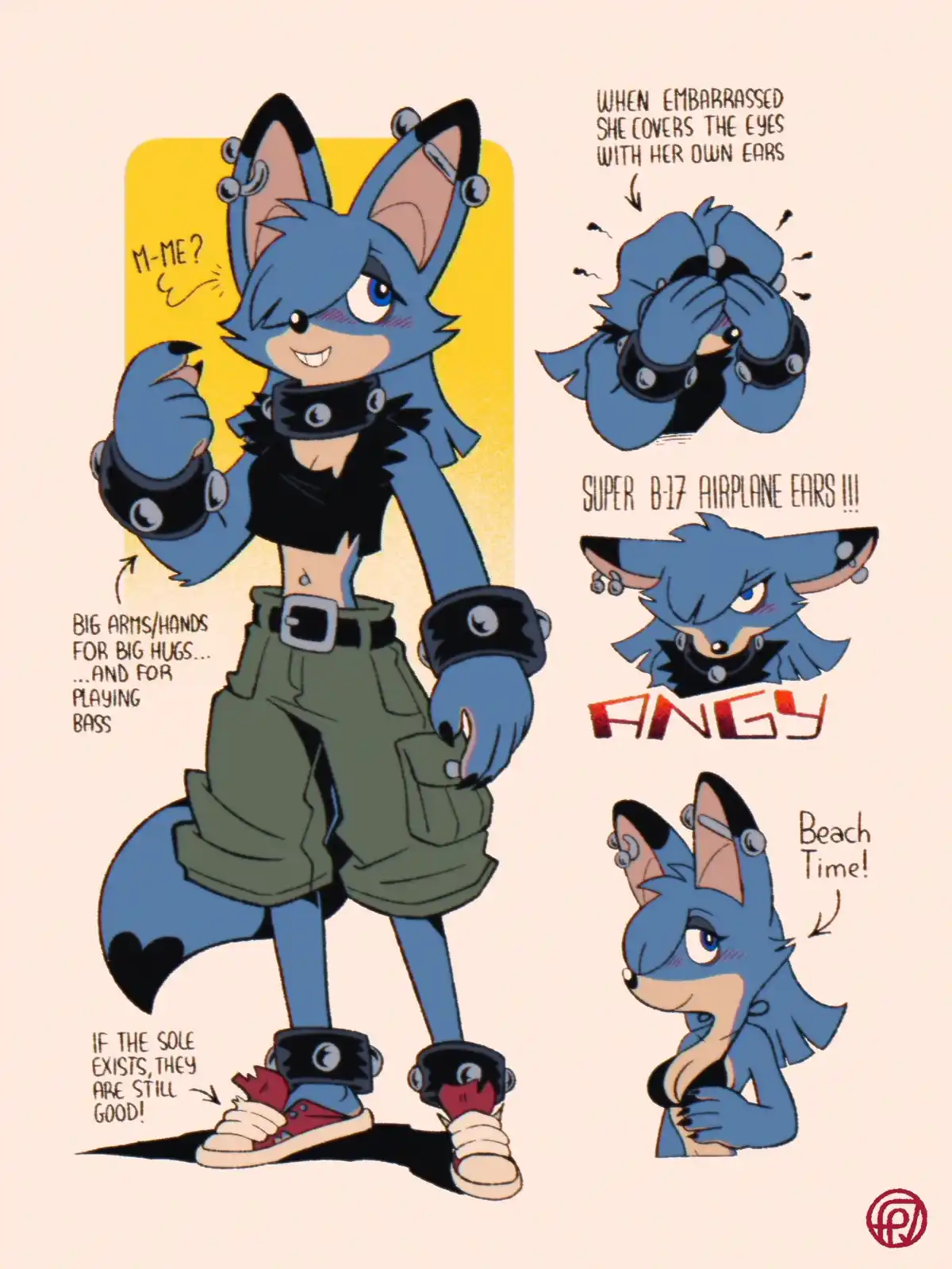 A blue anthropomorphic fox character with large ears and multiple piercings is shown in various poses with text annotations…