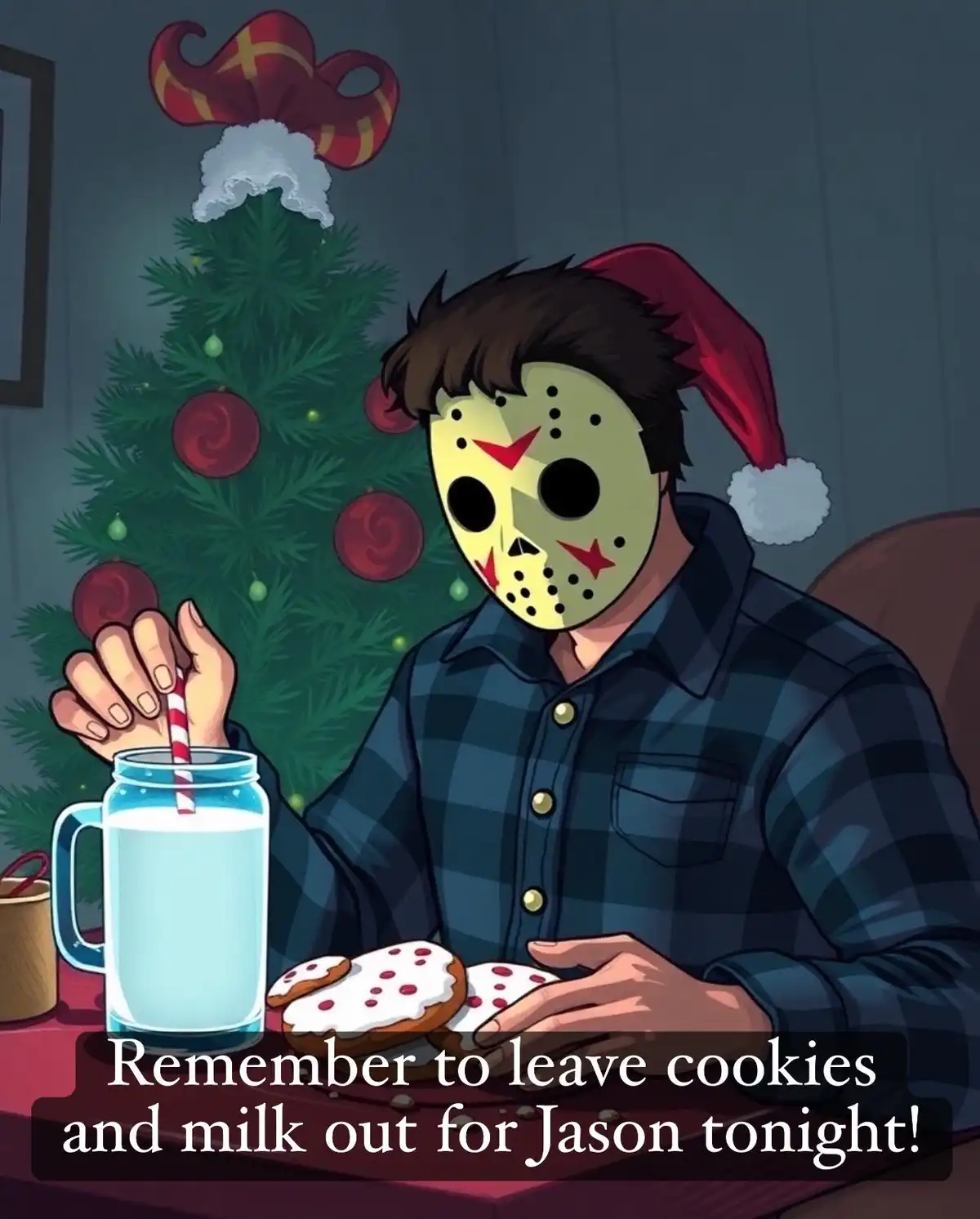 A cartoon Jason Voorhees from Friday the 13th, wearing a red Santa hat and a plaid shirt, sits at a table with a glass of…