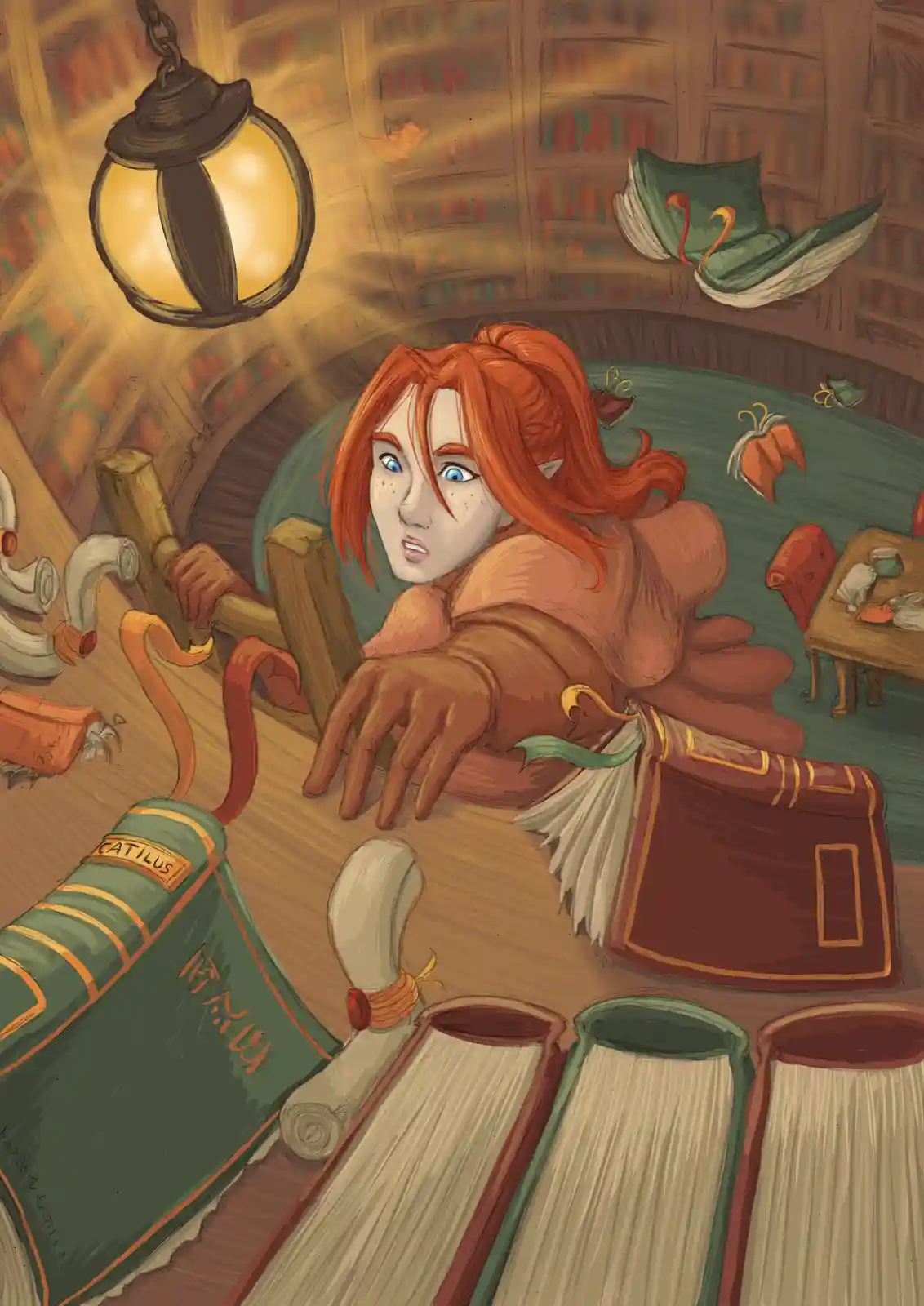 An elf-like woman with red hair and blue eyes sits at a wooden desk in a warmly lit library, surrounded by books and…