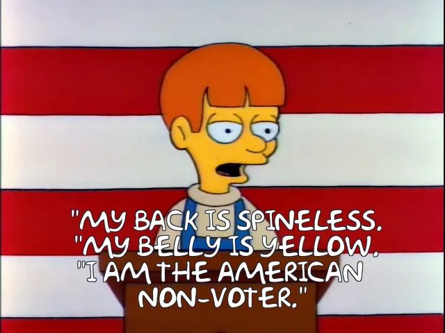A cartoon boy with orange hair and a weary expression stands before a red and white striped background. White text overlaid…