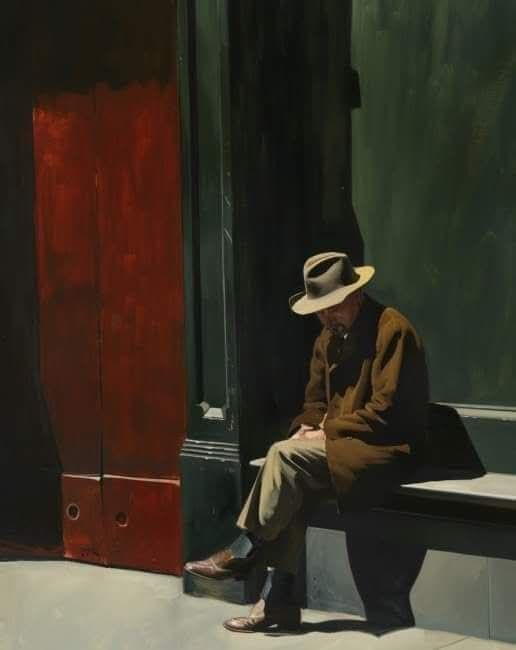A man in a brown coat and fedora sits slumped on a bench, head bowed, next to a red door and green wall. The overlaid text…
