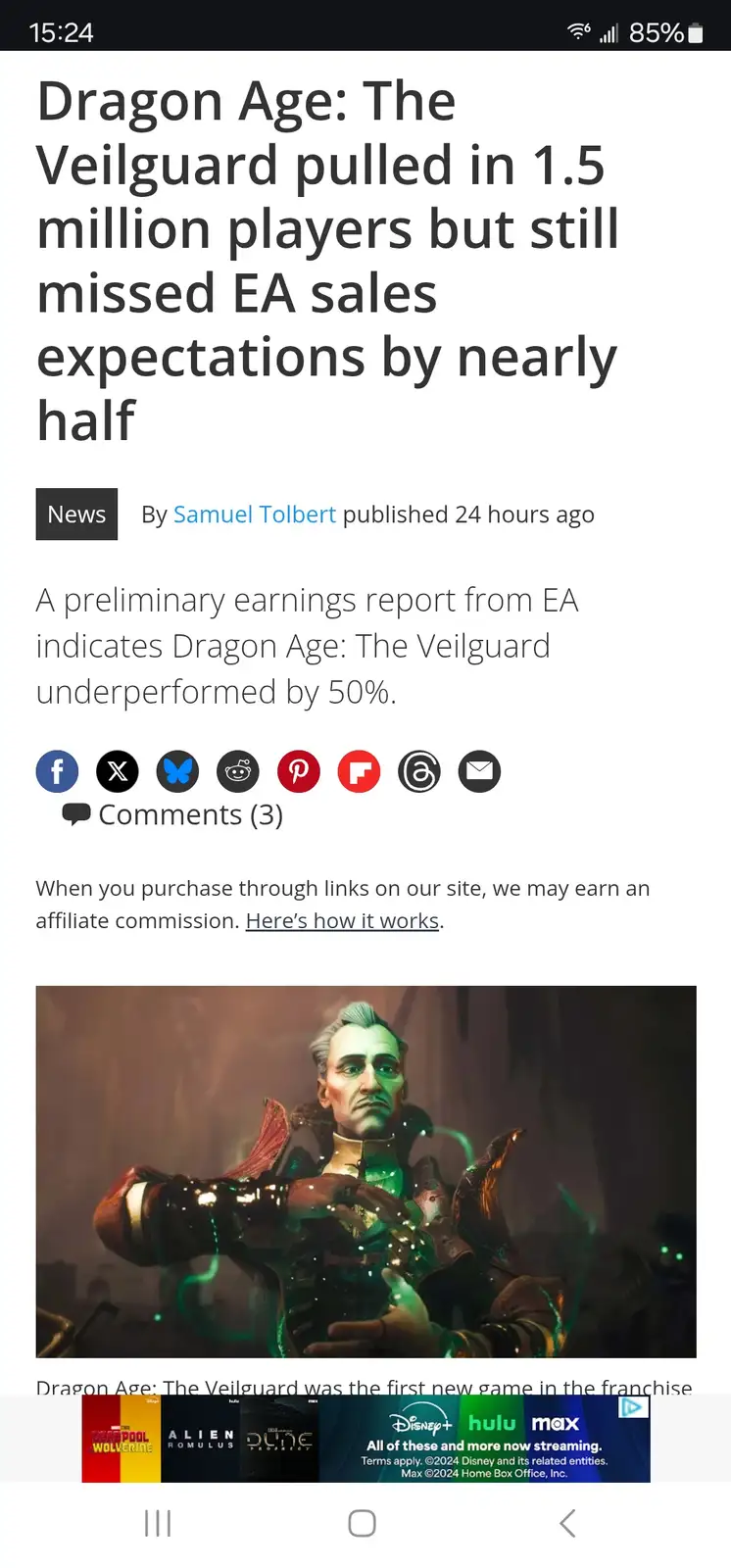 A screenshot of a news article about Dragon Age: The Veilguard underperforming, overlaid with the headline text. The article…
