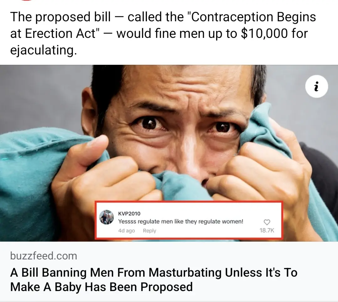 A man with a terrified expression, clutching a blue cloth over his face, is overlaid with text describing a fictional bill…