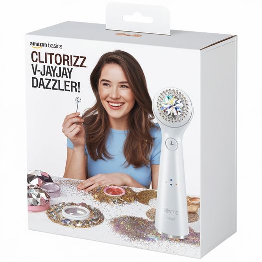 A product box for 'Amazon Basics' featuring a smiling woman holding a small sparkly wand, next to a white handheld device…