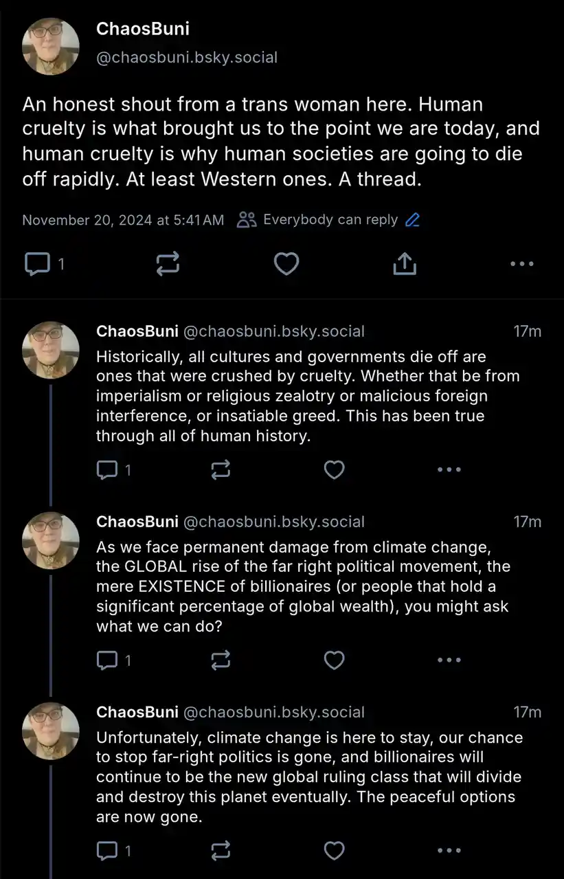 A screenshot of a four-part thread by user ChaosBuni on the social platform Bluesky, showing their profile picture and text…