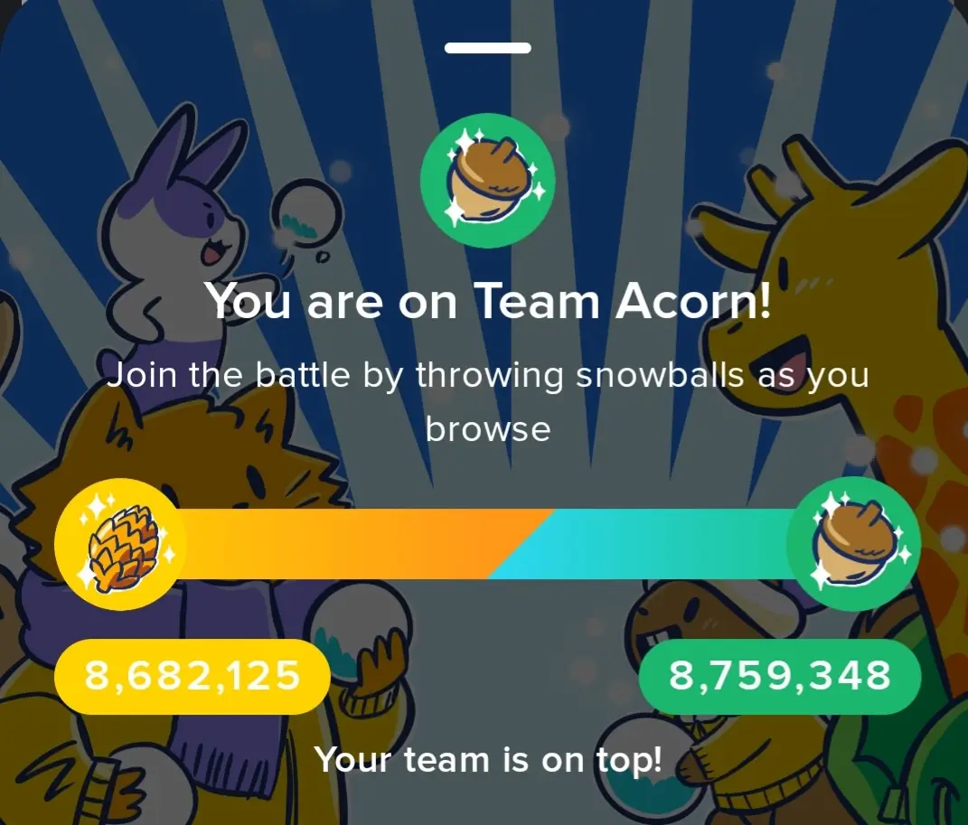 A screenshot from a mobile game interface showing a team battle between 'Team Acorn' and 'Team Pinecone'. The green team…