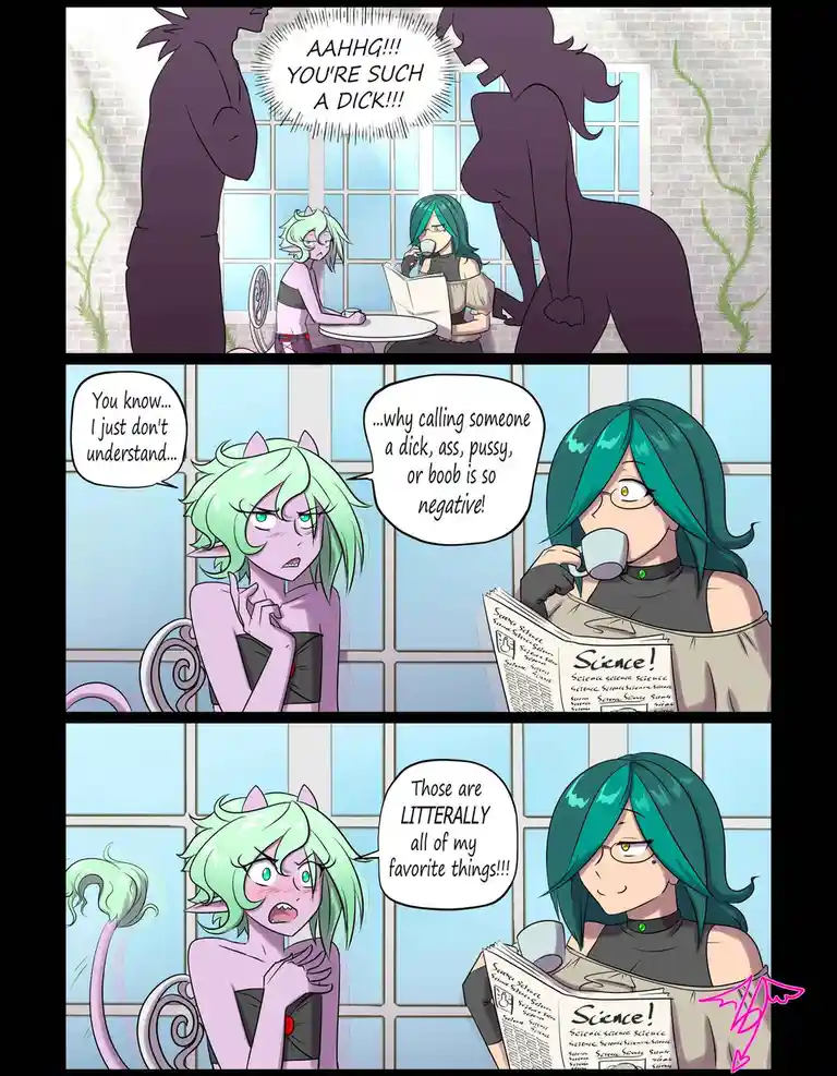 A three-panel comic shows two anime-style characters in a cafe. In the first panel, a shadowy figure shouts 'AAHHG!!! YOU'RE…