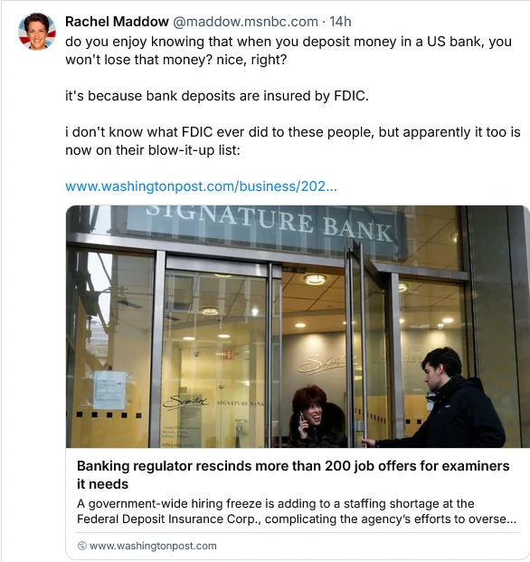 A screenshot of a tweet from Rachel Maddow showing a photo of a man entering a bank named 'Signature Bank' while a woman…