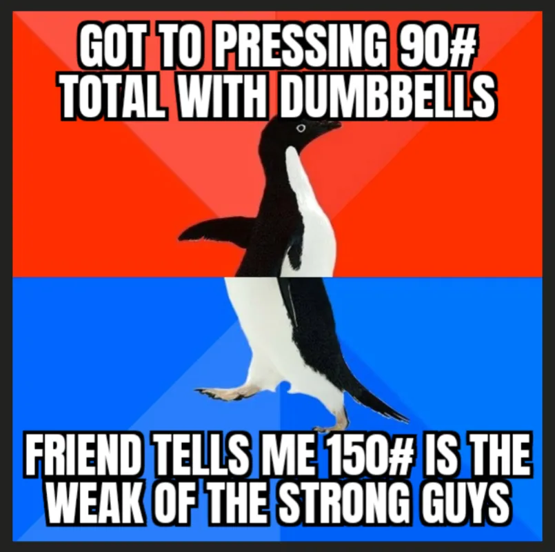 A penguin stands against a red and blue background, split horizontally. The top half reads 'GOT TO PRESSING 90# TOTAL WITH…