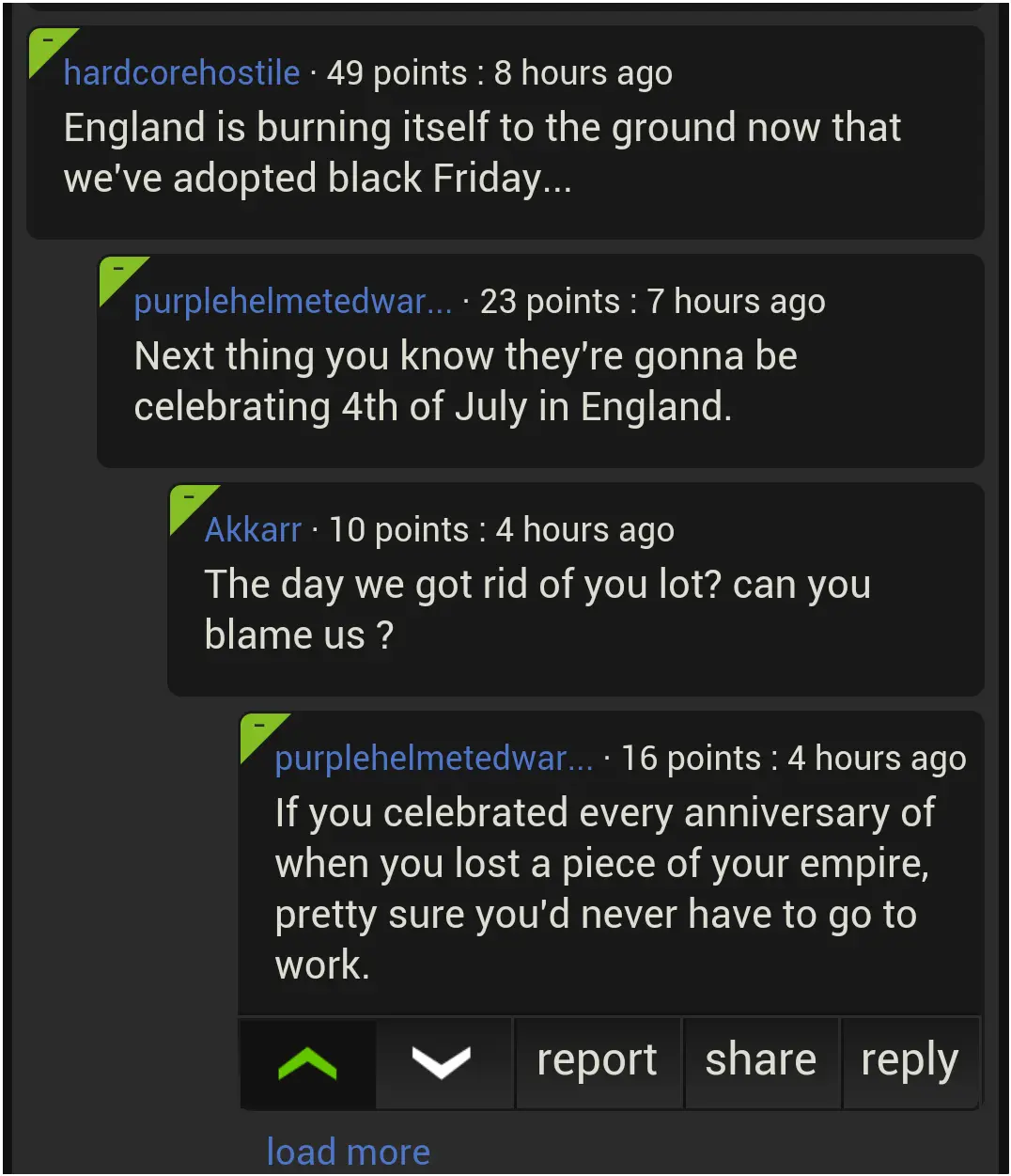 A screenshot of a Reddit comment thread shows users joking about England adopting Black Friday and imagining them…